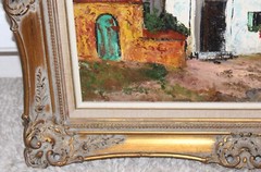 Vintage Oil Painting On Canvas Signed SANCHEZ Mexico Village Scene Buildings
