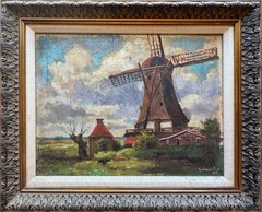 Signed „Hofmeister“ Oil on Panel Windmill Landscape c1947 European School Framed