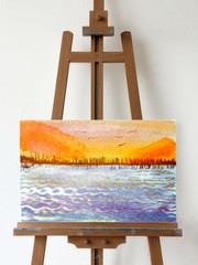 Lakescape At Sunset Original Impressionist Watercolor 5×7 Cotton Artist Signed