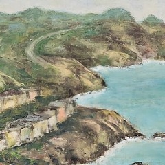 1950’s Mediterranian Oceanscape Beach Oil Painting Seascape 18.5″ x 23″