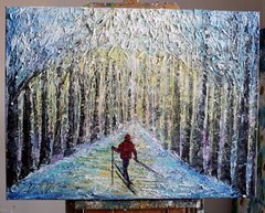 Original Winter Ski Painting 24×20 Textured Snow Forest Wall Art Signed