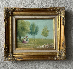 VTG Framed Oil Painting Lady by Flower Garden Scene Ornate Gold Gilt Frame 14″