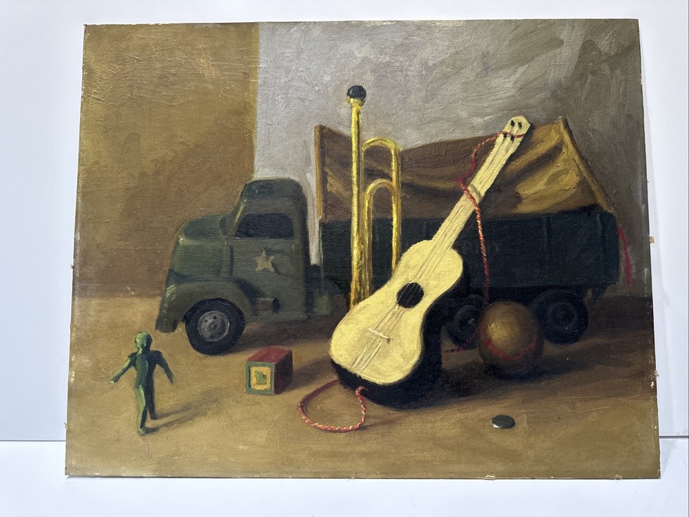 Antique Painting Military Toy Truck Still Life New York Mystery Artist 20 Inches