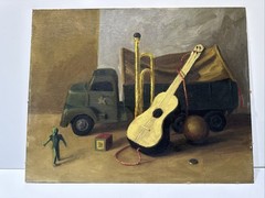 Antique Painting Military Toy Truck Still Life New York Mystery Artist 20 Inches