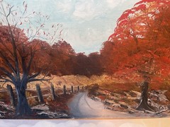 Pair Of Vintage Original Paintings Autumn Trees Woodland River Road Scene