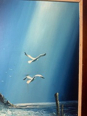 Large Philip Sadee „Seaside With Lighthouse Gulls“ Oil Painting – Signed/Framed