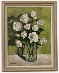 Kerina Behr – Framed Contemporary Oil, White Roses in a Vase