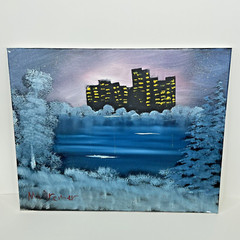 Oil on Canvas Painting Signed Student Art 16 x 20 City Buildings Lake Night Sky