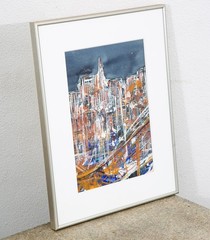 Mid Century Modern Danish Painting Art Abstract landscape Frame Cityscape Mcm