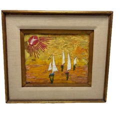 OIL PAINTING OCEAN SAILING SAILBOATS BOATS SUNSET Signed Lee 15.75 X 14.7