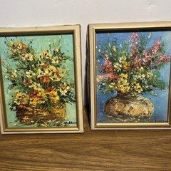 Two Small Vintage Original Oil Painting Wildflowers Still Life On Board Sign.