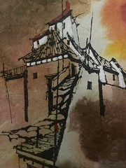 Original Houses with steps watercolor painting on rice paper by artist Rockwood
