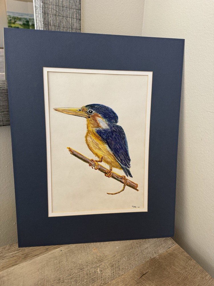 Original Bird Painting Drawing Wall Art Blue Yellow Birds Kingfisher