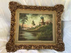 Vtg SIGNED Original Oil Painting Art on Canvas of a Windmill Ornate Gilded Frame