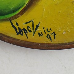 Hand Painted And Signed Round Wood Plaque Fruits And Pots