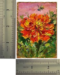 ACEO Original Marigold Oil Painting Flowers Canvas 3.5×2.5in Collectible Art OS