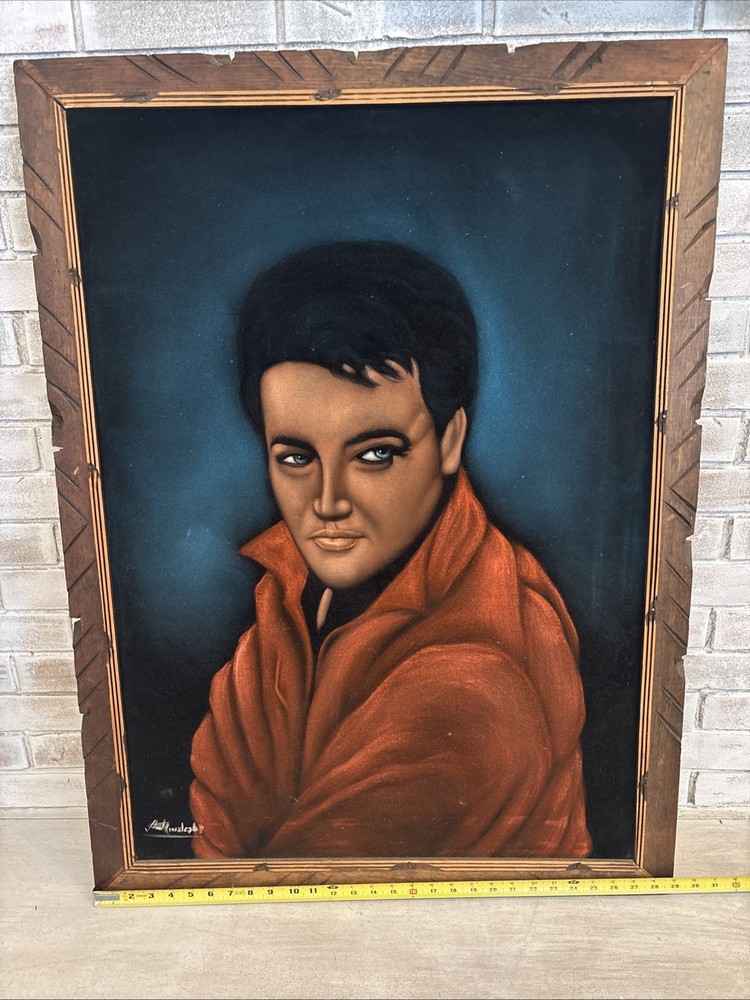 Vintage Elvis Presley Black Velvet Painting Wood Frame 38”x28”Extra Large Signed