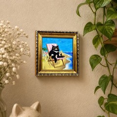 Black Cat Beach Original Mini Oil Painting Framed Coastal Wall Art Beach Decor