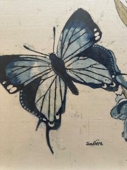 21 x 17 John Soulliere Painting On Silk Butterfly and Iris 1974