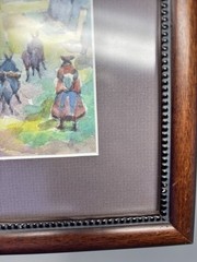 Original Village Scene Peru Framed Soft Watercolor Painting People And Donkeys