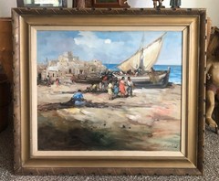 Vintage Oil Painting FRANCISCO RODRIGUEZ SAN CLEMENTE Boat Gypsy Scene 37×32