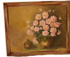 Vintage Floral Still Life Oil Painting Signed Buchanan Pink Chrysanthemums-canva