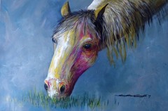 ORIGINAL PAINTING „GRAZING HORSE“ 24″Hx36″W golden mane acrylic Steven Graff