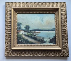 Antique Oil On Board Landscape Painting Water and House and Ornate Gesso Frame