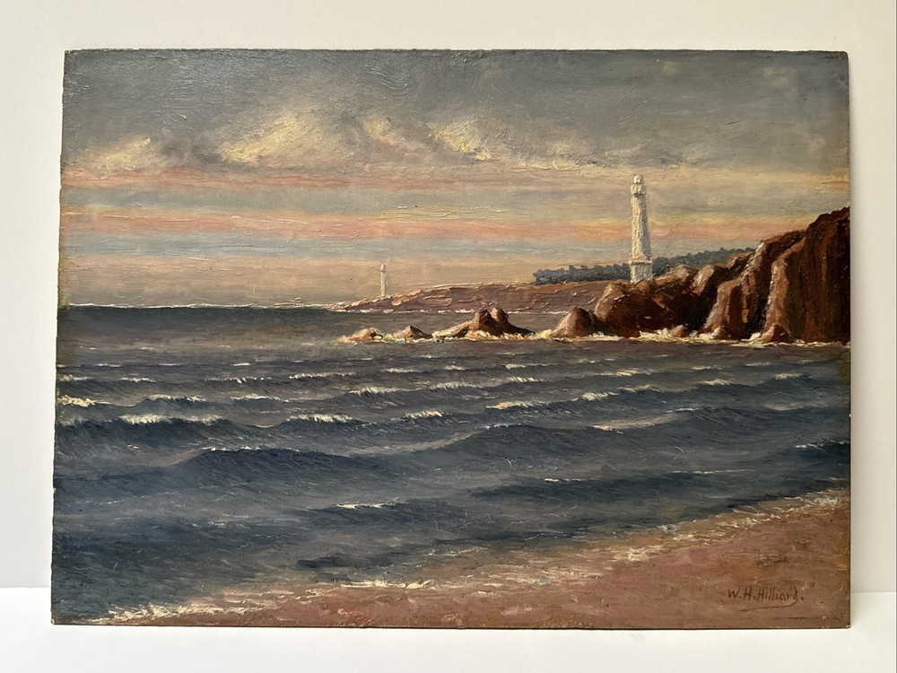 WILLIAM HILLIARD PAINTING ANTIQUE COASTAL LIGHTHOUSE BEACH LANDSCAPE FAMOUS OIL