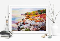 Original watercolor 7,5×11 inc. River autumn bright landscape rocky shore