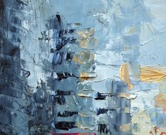 New York City Oil Painting Pale Urban Sunset, Streets and Skyscrapers Handmade