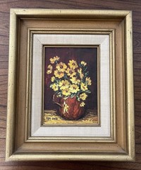Vintage Signed Oil Painting of Flowers in Vase Floral Retro Artist Irene Bartz
