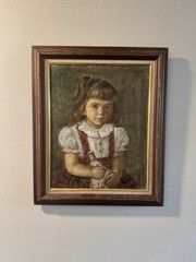 Poignant WWII Era European Child Portrait Oil Painting Signed 1940s