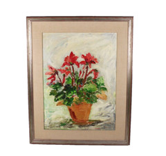 Vintage Still Life Red Flowers Floral Oil Painting Signed Lucy Larsen 1972