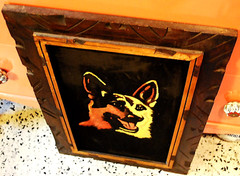 Vtg GERMAN SHEPHERD DOG Original BLACK VELVET OIL PAINTING Carved Wood Frame 25″