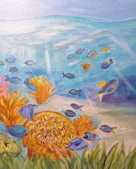 Original Blue 11×14 Coral Reef Art Impressionist Acrylic Panel Fish Signed