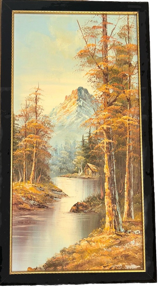 VTG G Whitman Trees Landscape Cabin Lake River Mountains Canvas 13.75”W 25.75”T