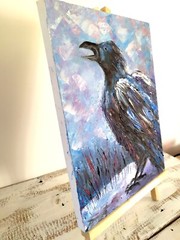 Original mini oil painting Screaming Black Raven on Snow wall decoration