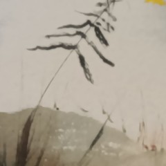 Watercolor Marsh Landscape Yellow Flower Grass Dunes Sky Matted Wood Frame 15×12