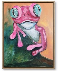Pink Frog Whimsical Original Art 14X11 Canvas Acrylic Abstract Wall Art