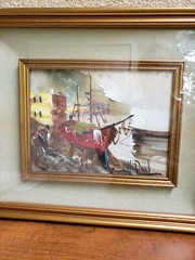H.PAUL (20th century) Oil on Panel Painting „Boat at Anchor and Fisherman with C