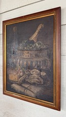 Antique French Still Life Oil Painting, Dark Moody, Champagne Oysters Cheese