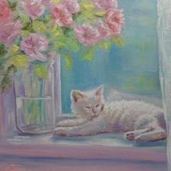 Cat Flowers Original Oil Hand Painted Signed Wall Art Decor Gift Ukraine Artist