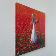 Original Oil Portrait Painting Woman Red Poppy Field Summer Canvas Art Romantic