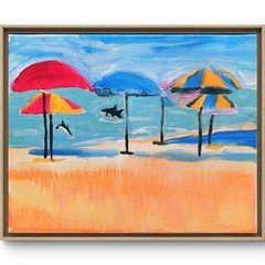 Modern Minimalist Original Signed Canvas Acrylic Wall Art 11×14 Beach Umbrellas