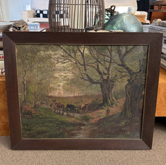 Antique Wooded Landscape Oil Painting Cows Cattle Forest Stream Framed 25 x 20