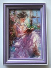 Original Oil Painting in Frame Girl Book Flowers Miniature 6x4in