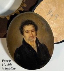 Antique French c.1830 Portrait Miniature, Handsome Gentleman, High Collar Jacket