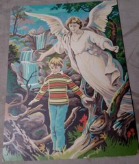 Vintage Old Guardian Angel With Child Original Acrylic Painting 16″×12″