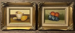 Vtg Pair Set 2 Still Life Fruit Oil Paintings Ornate Gold Frames Linen Mat 11×9